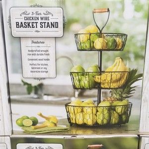 3-Tier Black Chicken Wire Basket Stand with Wood Handle